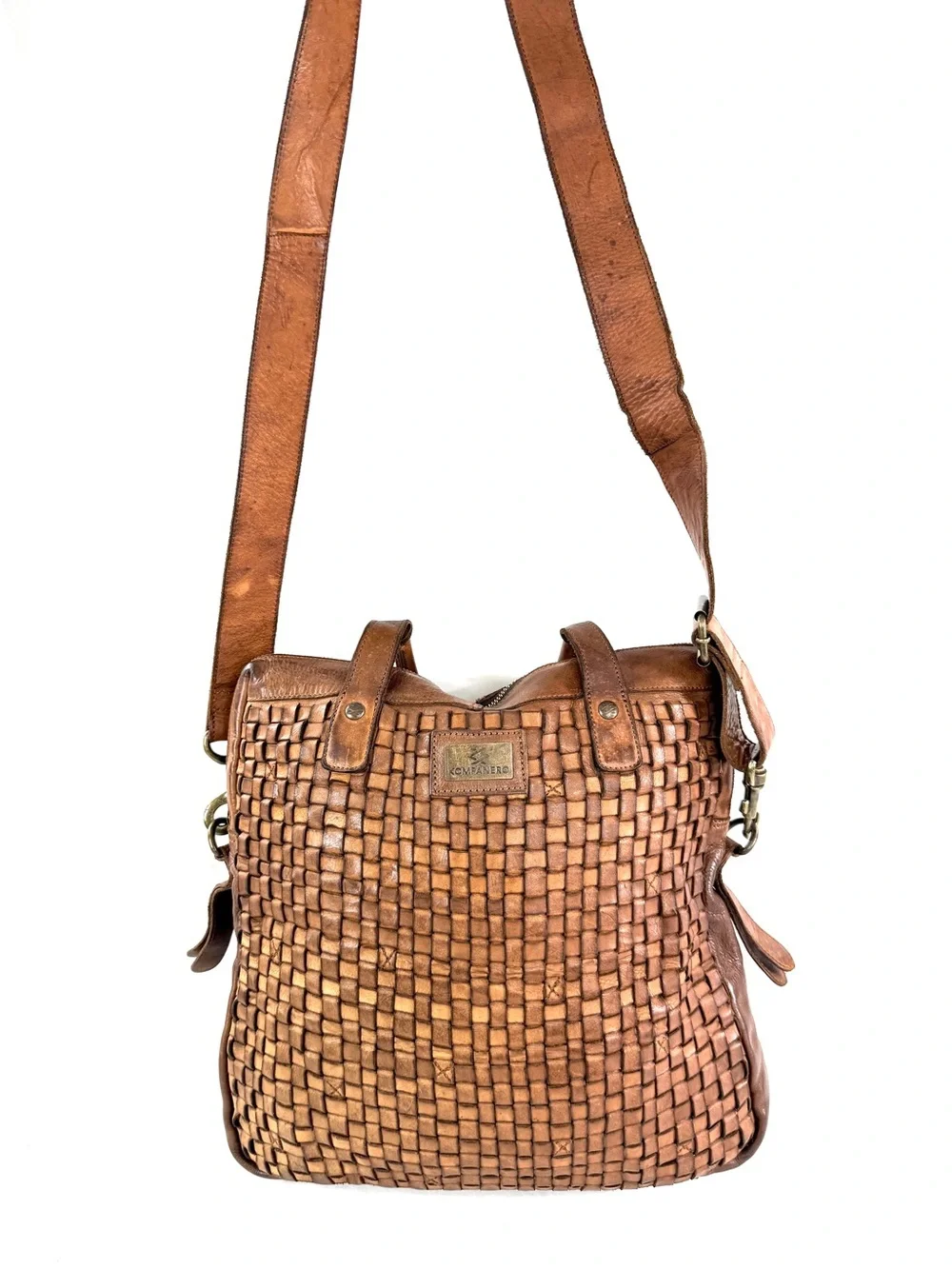 Kompanero Unisex Brown Woven Leather Laptop Bag Bronze Logo Hardware